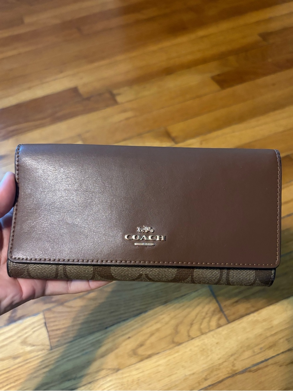 Coach Brown Leather & Signature Canvas Continental Wallet